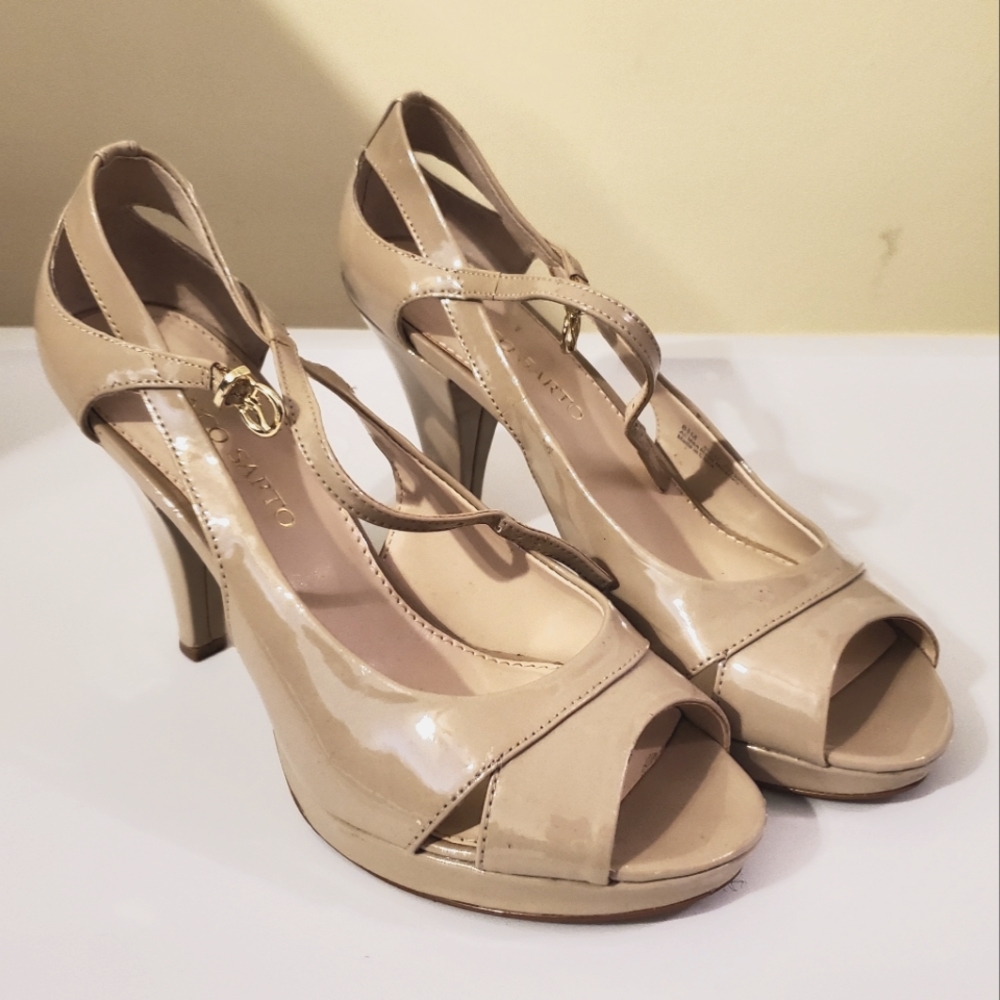 Franco Sarto sulu nude platform high heel ankle buckle open toe sandal stilettos